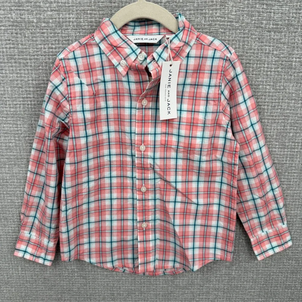 Janie and Jack Plaid Button Down Shirt Coral Teal White Kids Boys Size 3